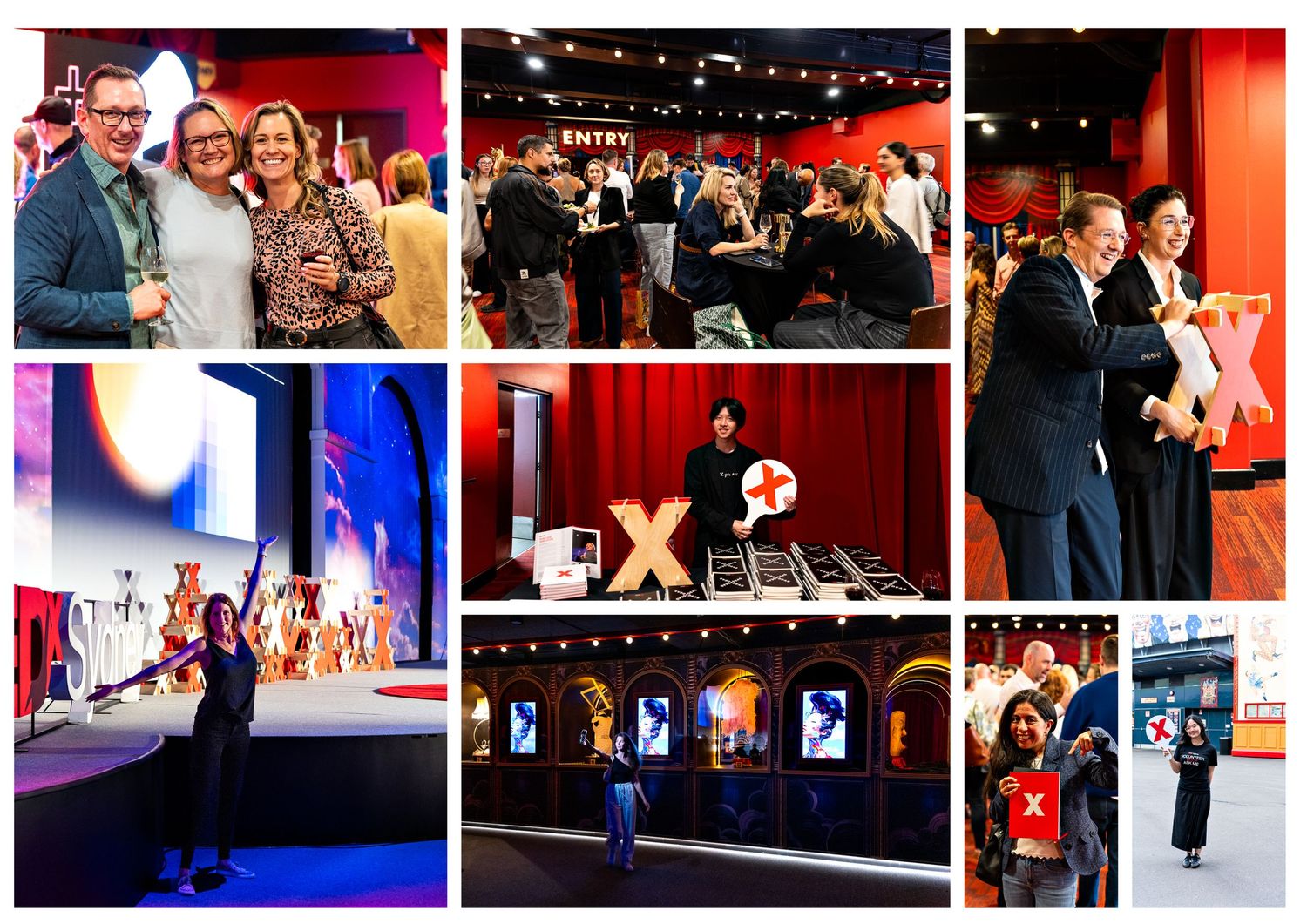 A collage of TEDx event photos featuring speakers on stage, attendees networking, and branded signage in a modern venue.