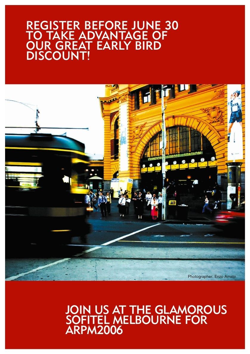 Red promotional banner for Melbourne event with urban photography.