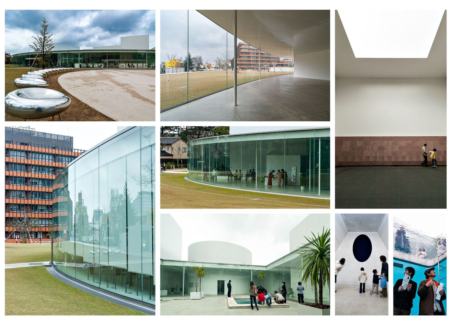 Modern glass and concrete architecture featuring minimalist design elements and walkways.