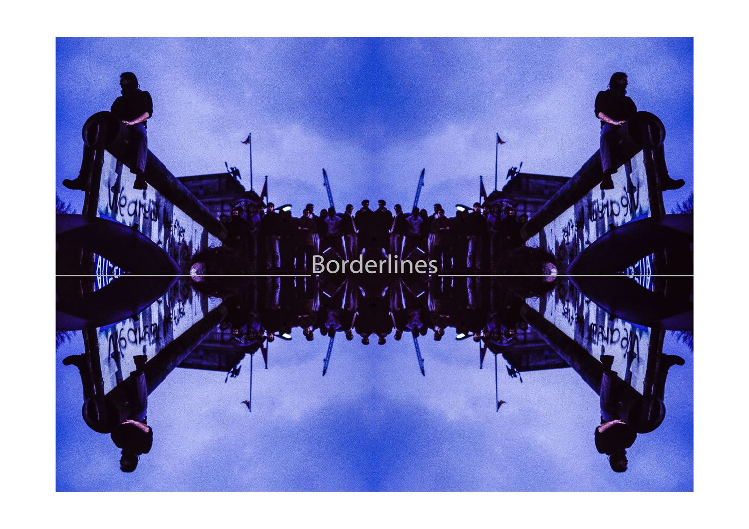 Silhouetted figures stand along a bridge structure against a dark blue sky creating a mirror-like reflection.