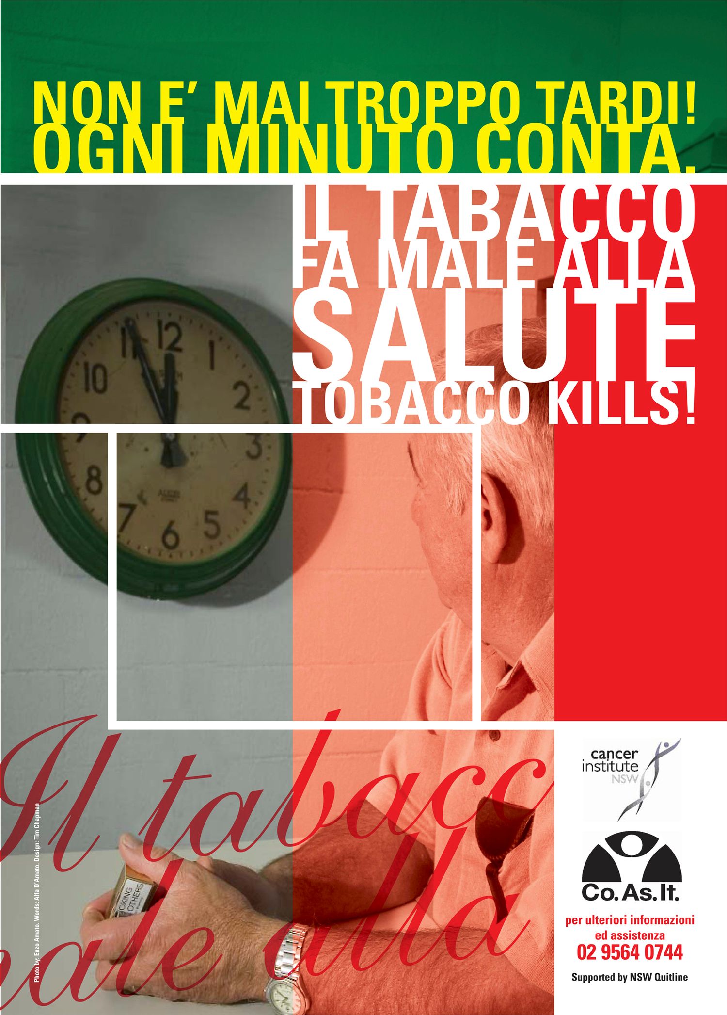 Anti-smoking campaign posters in Italian featuring clock imagery and red color scheme.