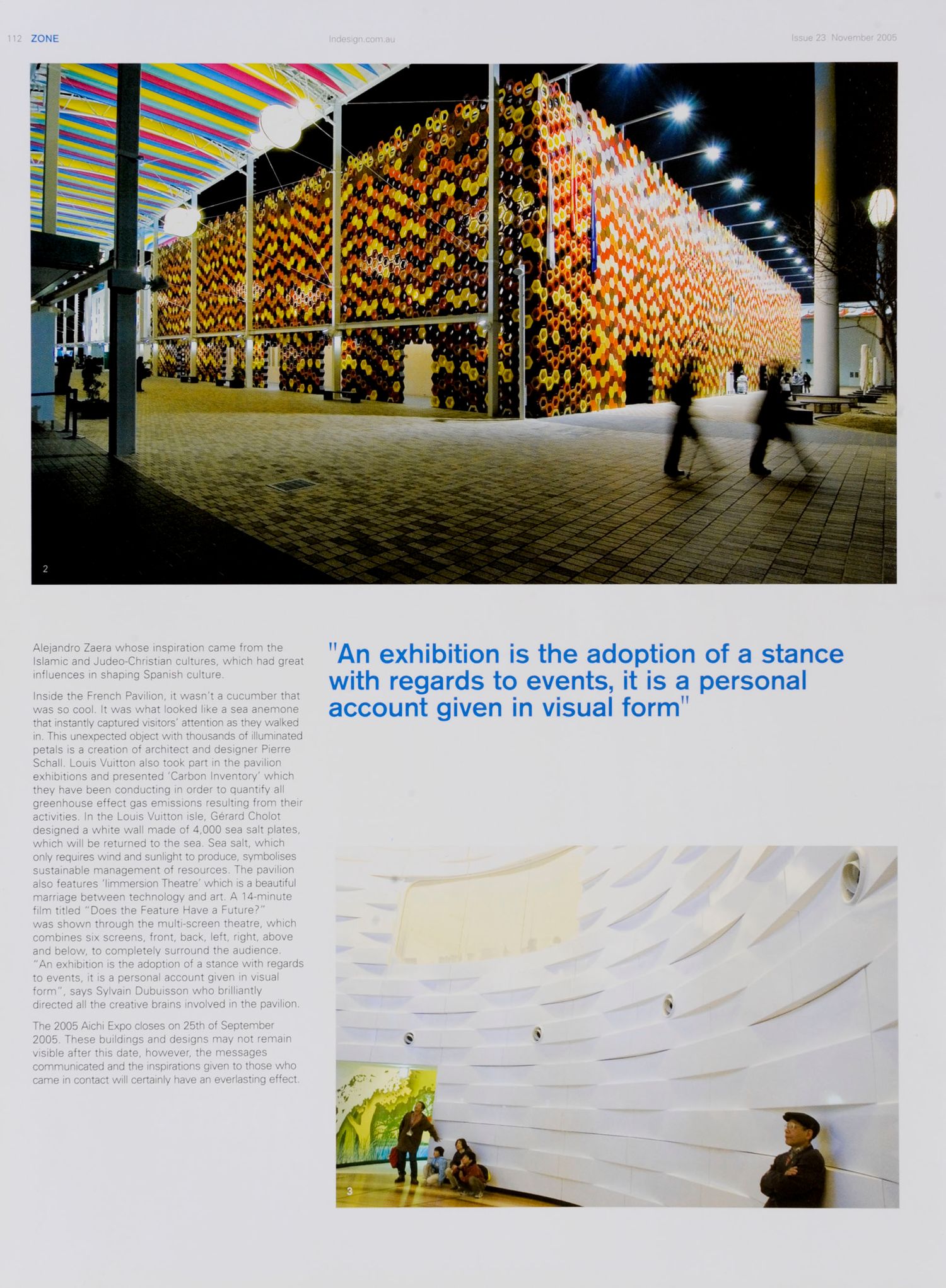 Art exhibition featuring geometric patterns with colorful lighting and wall installations.