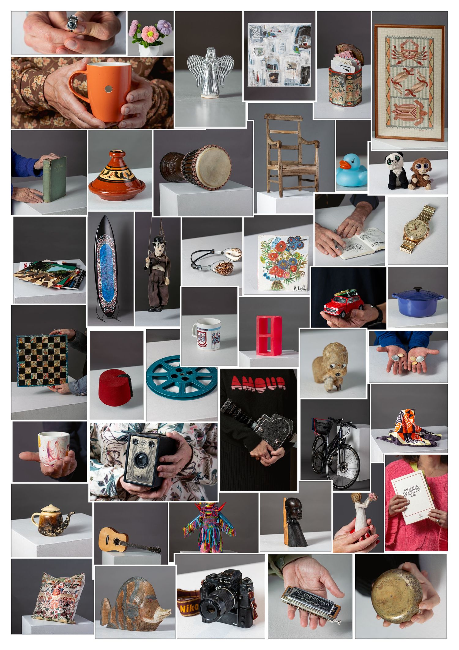 A collage of various product photography shots featuring hands, objects, and creative compositions on different backgrounds.