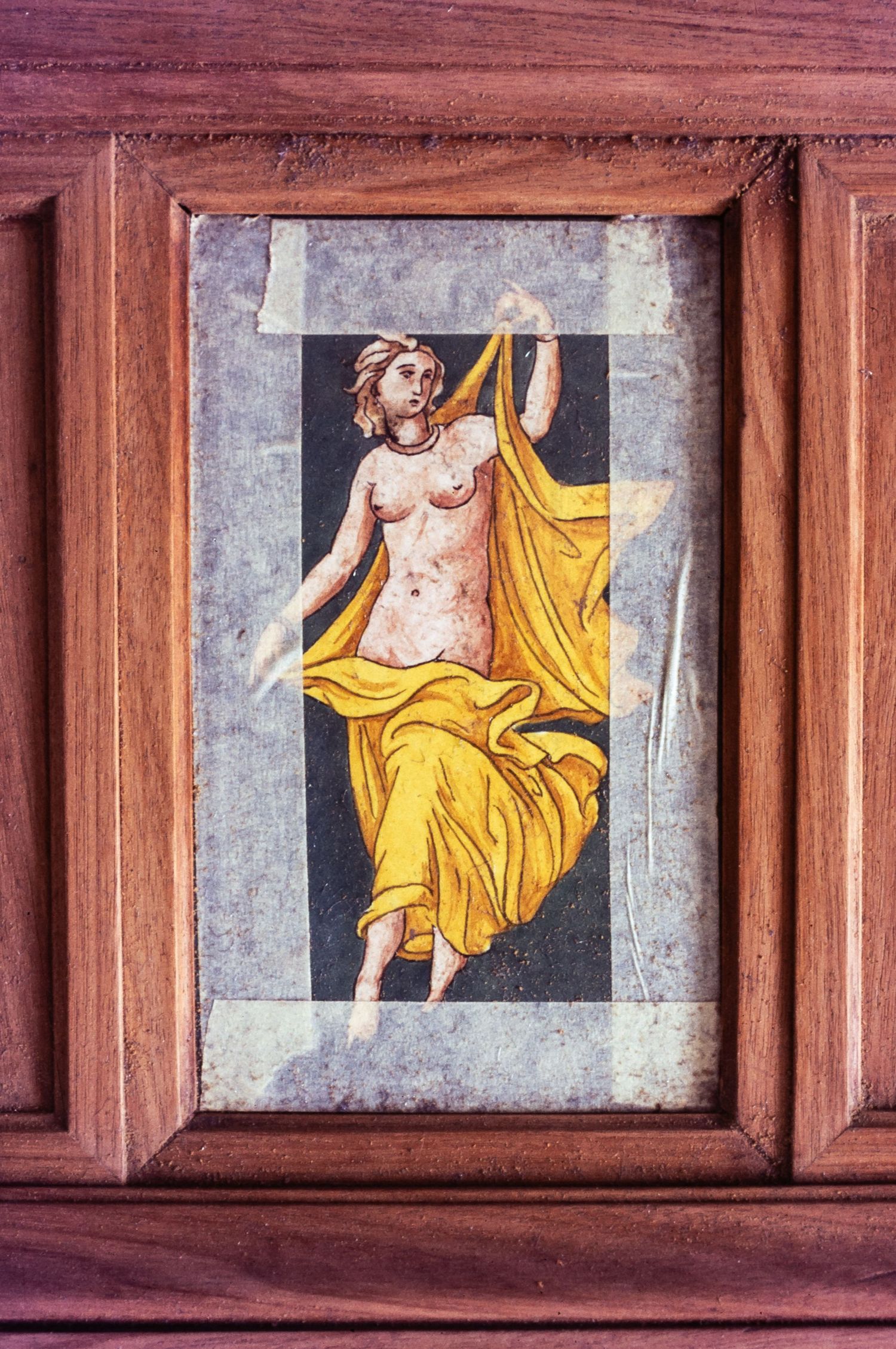 MAI Museo artistico industriale, classical tile in wooden frames showing figures in yellow robes against a gray background.
