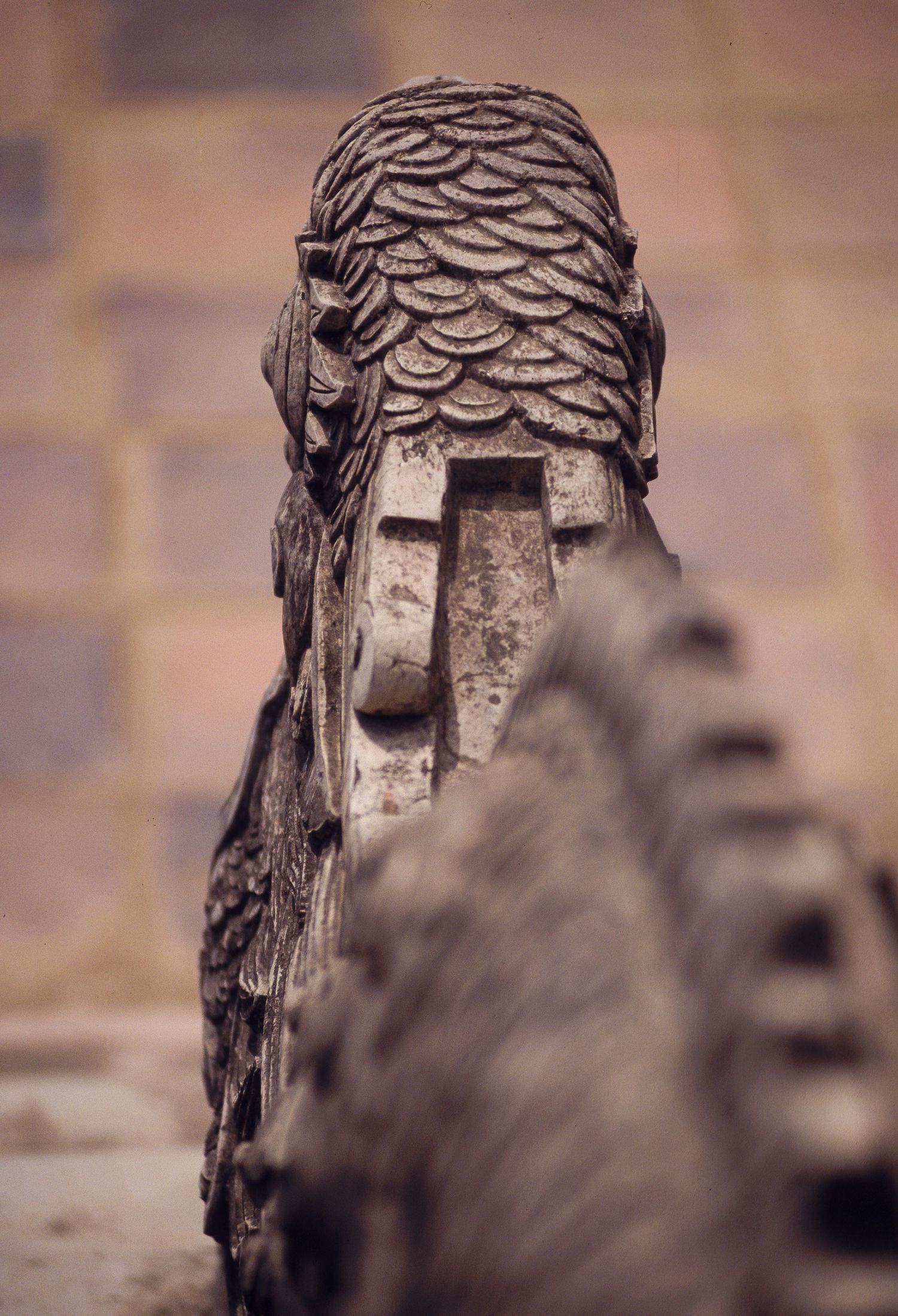 Close-up artistic detail of a textured metal or stone surface with overlapping scale-like patterns.