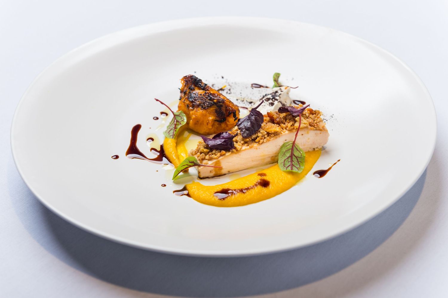 Sequence of elegant white plates featuring carefully plated gourmet dishes with sauces.