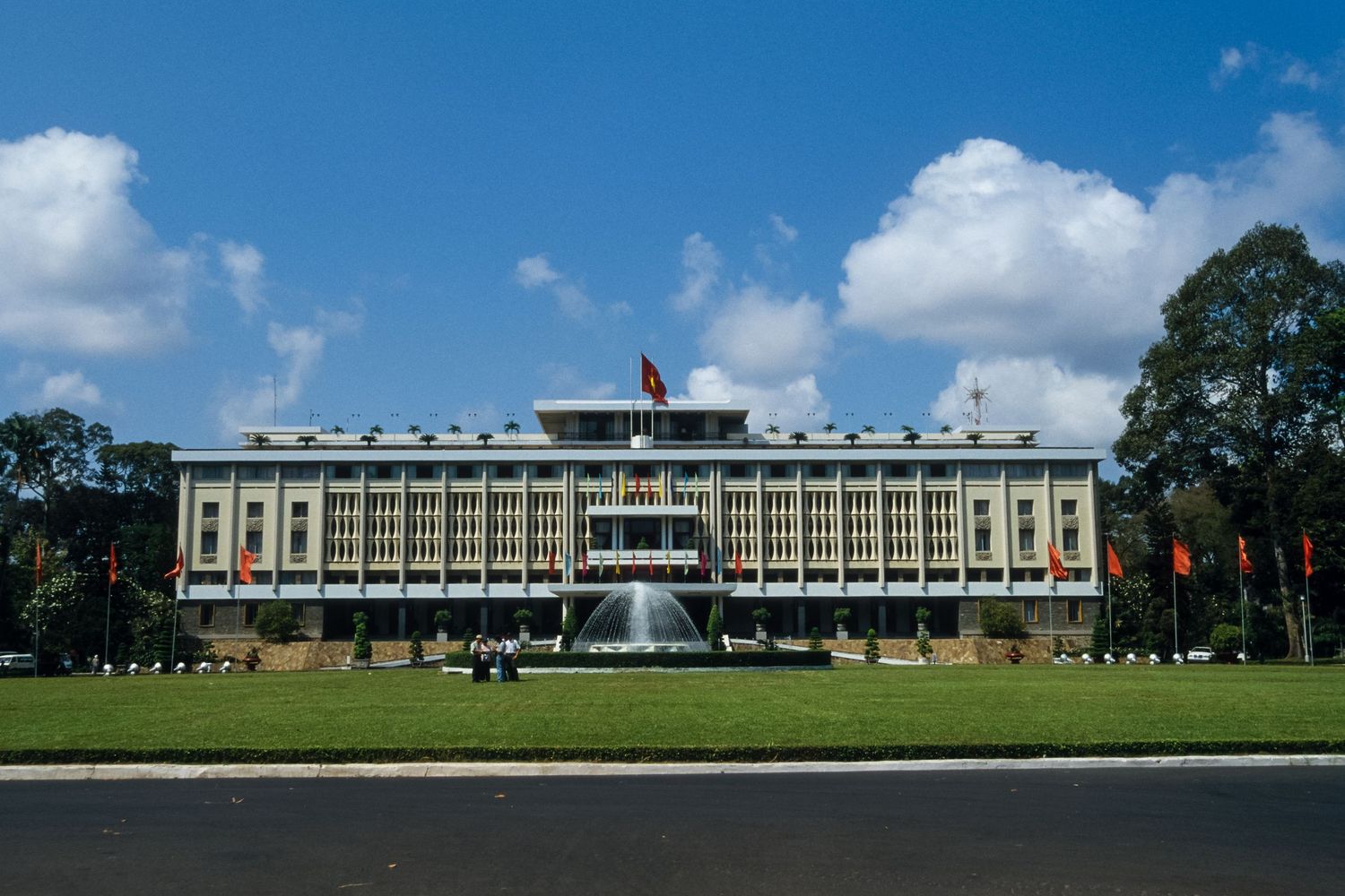 Long panoramic view of a government building with symmetrical architecture in Vietnam.