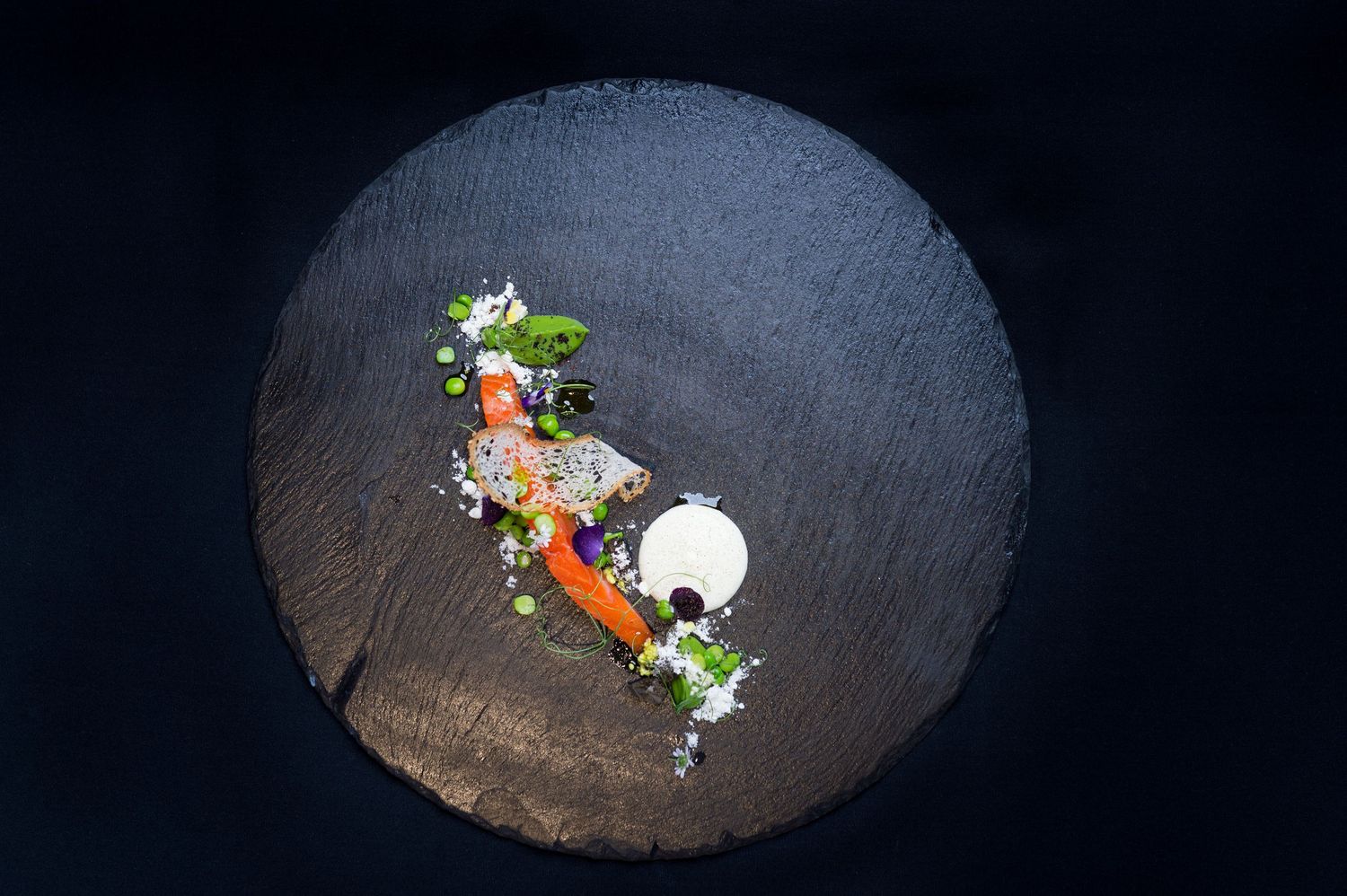 Series of minimalist food presentations on dark slate plates with artistic garnishes.