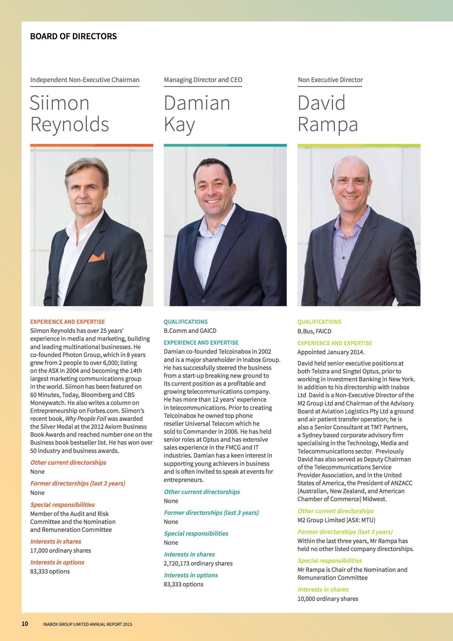 Board of directors page layout showing professional headshots and executive biographies.