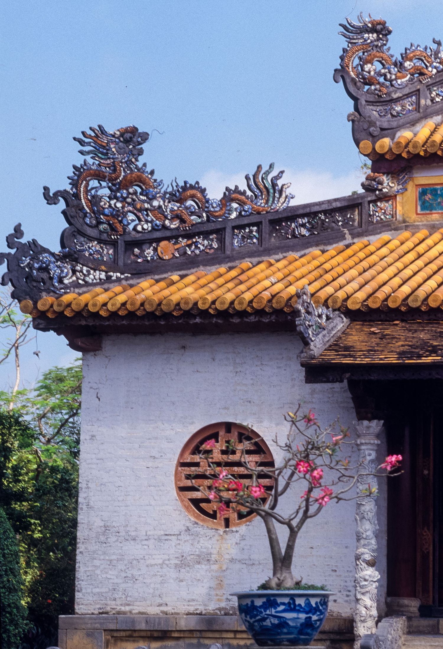 Traditional Chinese temple wall with ornate dragon roof decorations and circular window beside a bonsai plant.