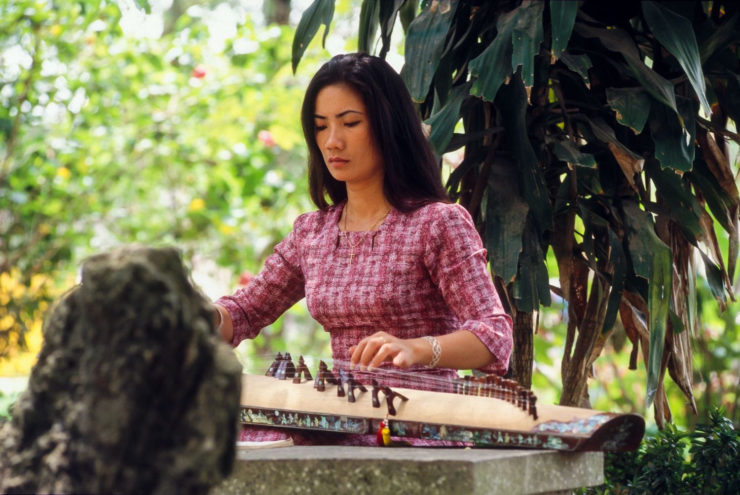 Artist sketching in a lush tropical garden setting with natural foliage in the background.