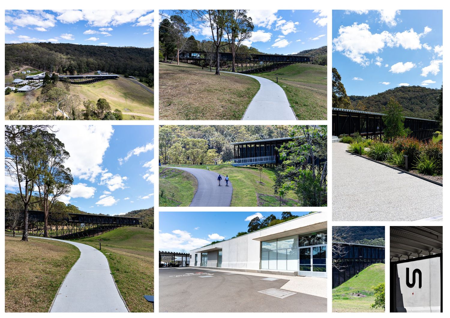 Architecture images of winding concrete paths through green landscapes under blue skies of the modern Bundanoon contemporary art museum