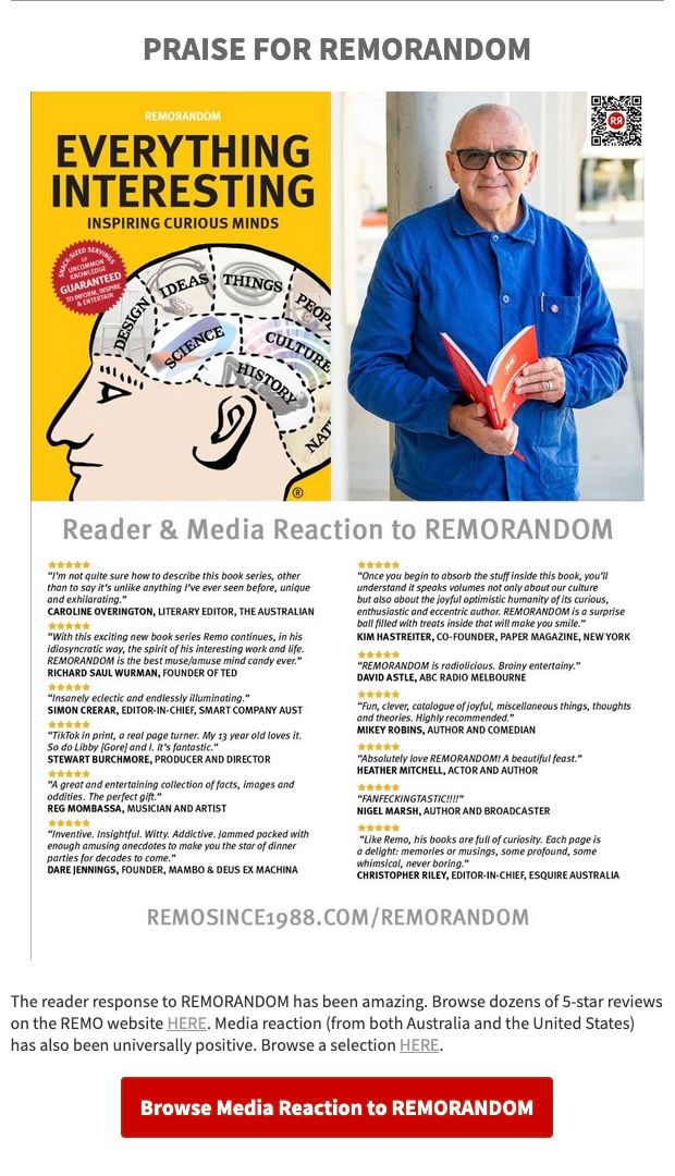 Collection of media reviews and reader reactions to REMORANDOM book displayed in colorful layout.