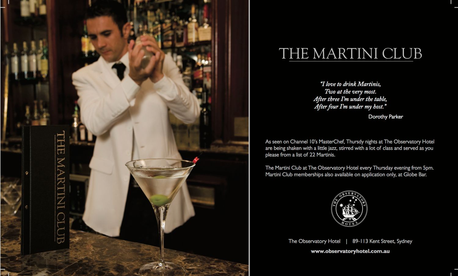 Dark moody bar interior shots with Martini Club branding.