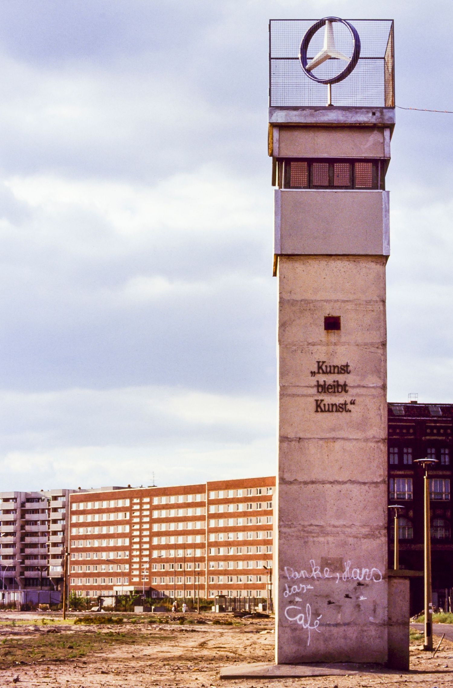 Hans Haacke art installation Death Tower,  Mercedes Benz logo 1990 Berlin German. Kunst Bleibt Kunst.