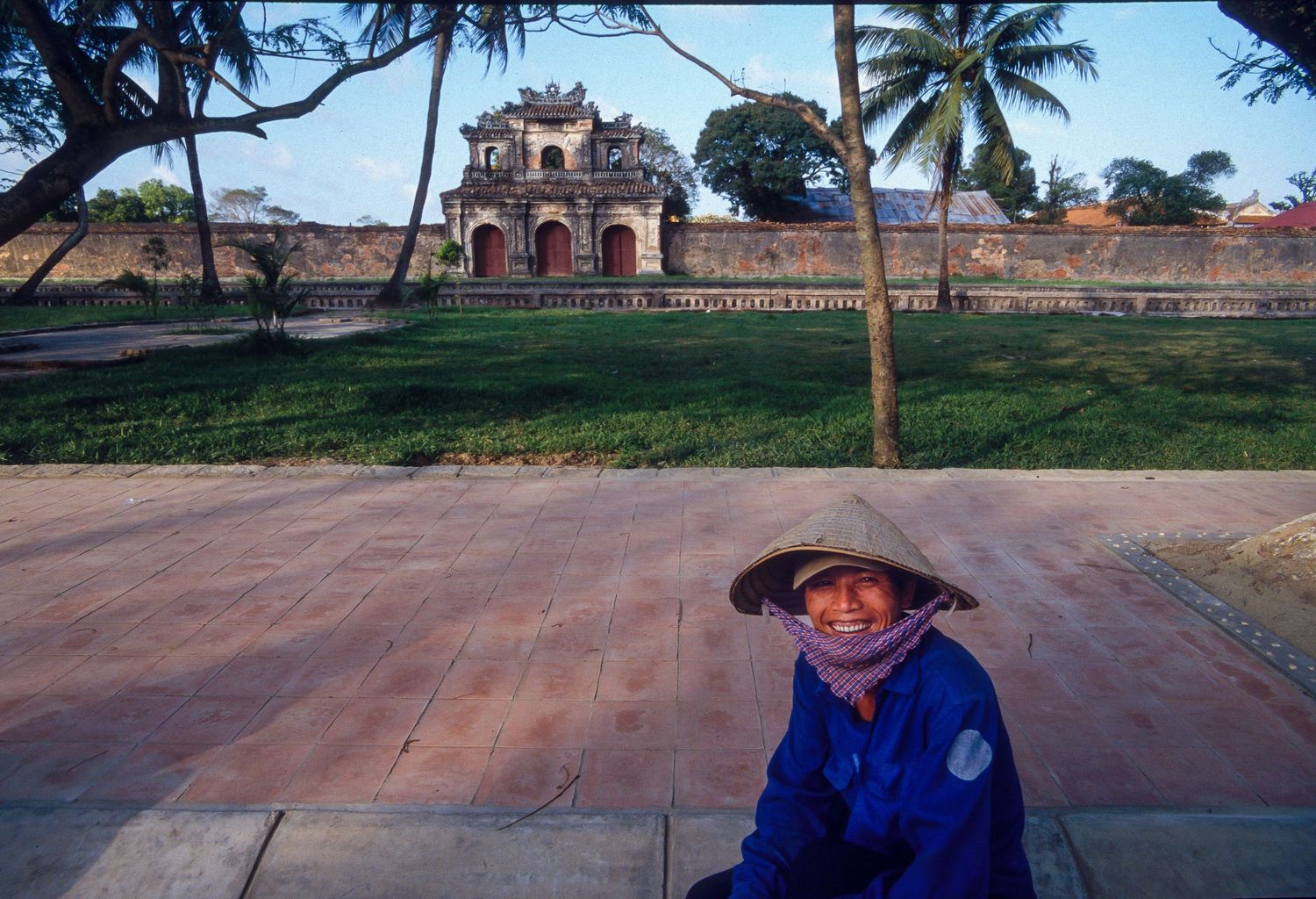 Rural landscape with palm trees and historic architecture in the background.