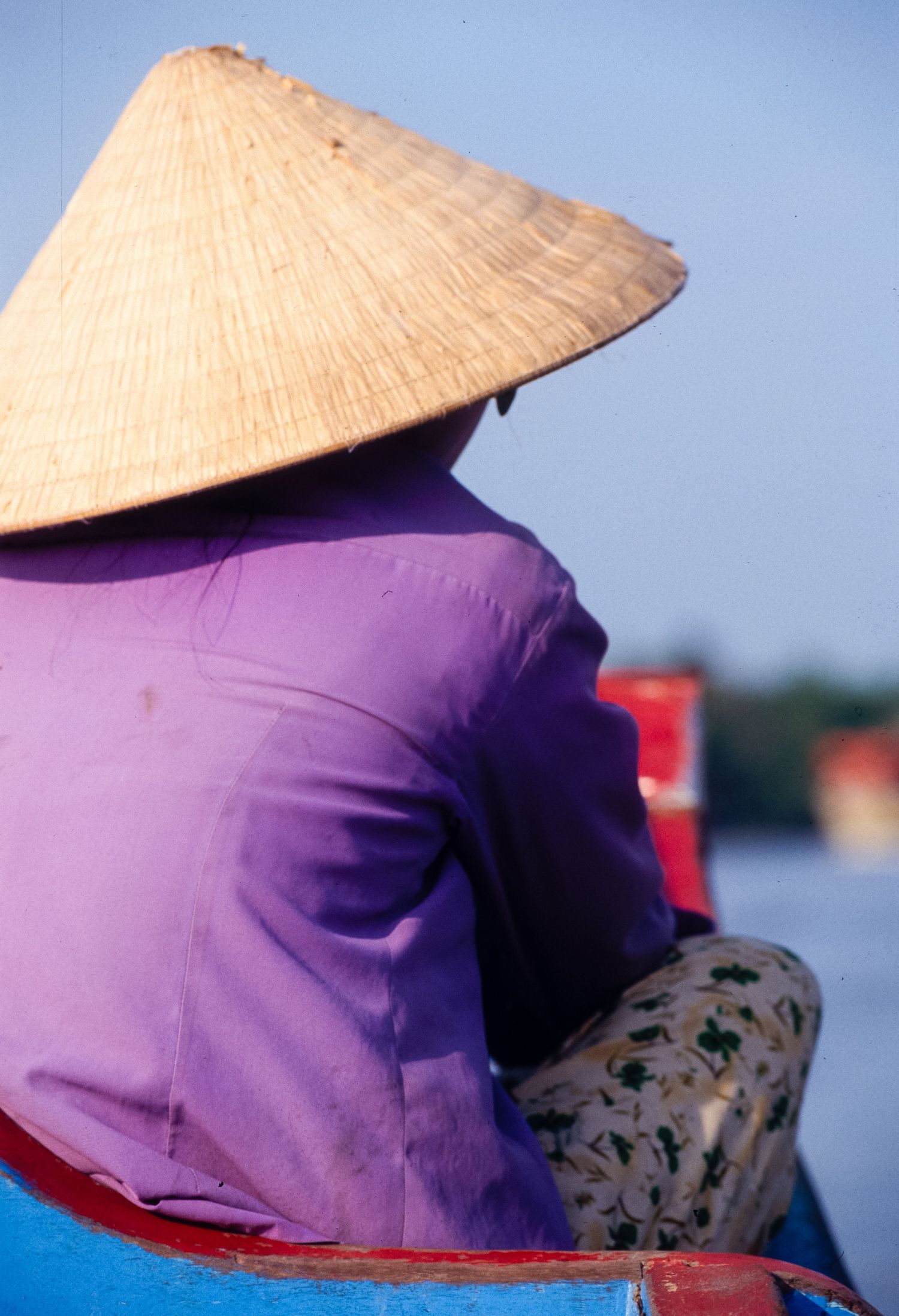 Traditional conical hat and purple clothing against bright blue background.