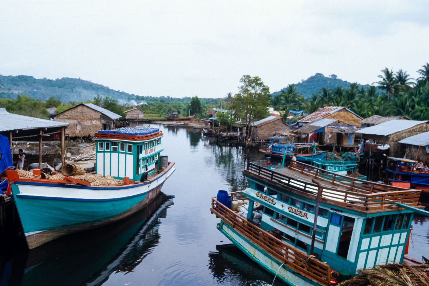 Panoramic view of a coastal village with colorful boats and traditional buildings along the waterfront.