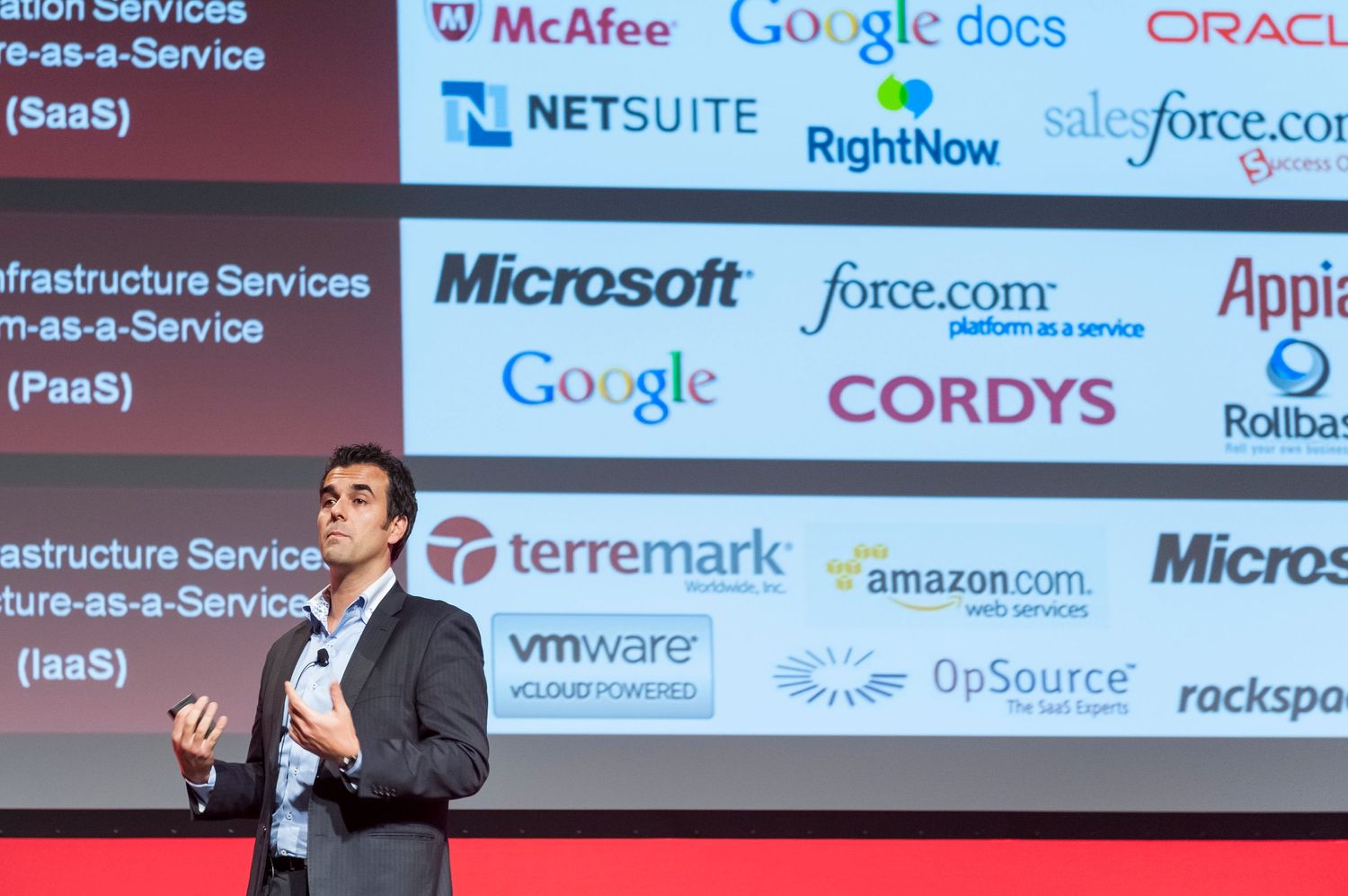 Technology conference presentation showing various tech company logos including Microsoft, Google and Oracle.