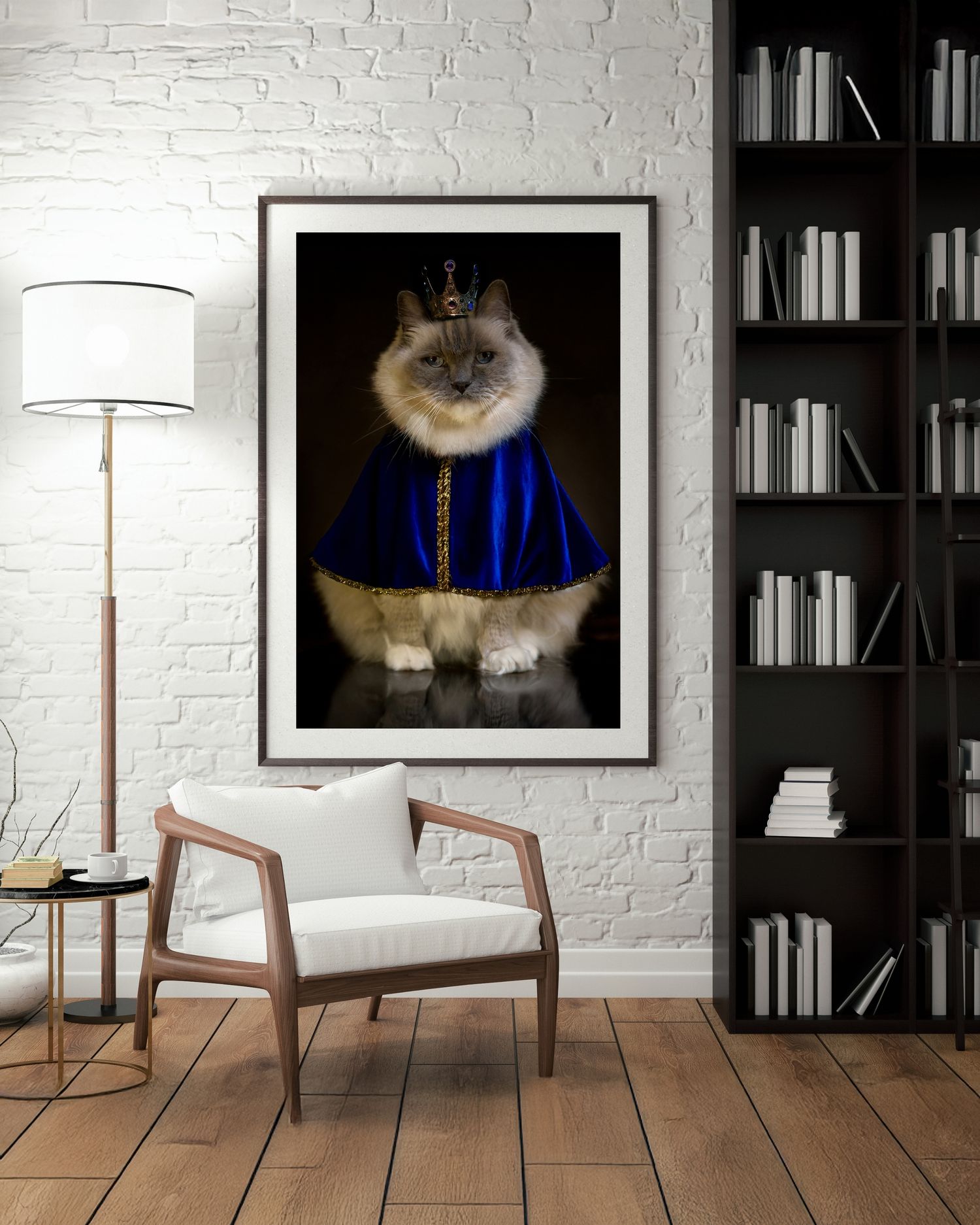 Majestic cat in blue royal robe and crown, large framed fine art print in contemporary home library.