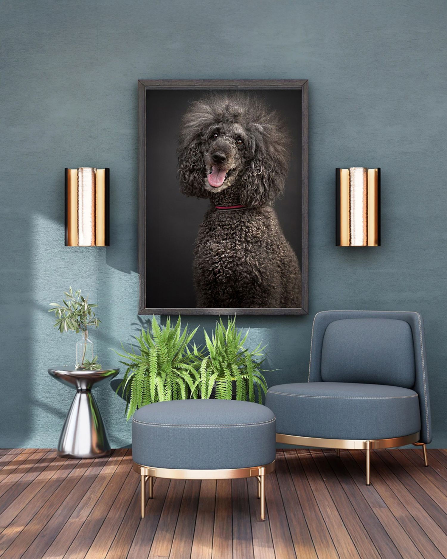 Studio portrait of happy black standard poodle, large framed canvas displayed on teal wall in stylish room.