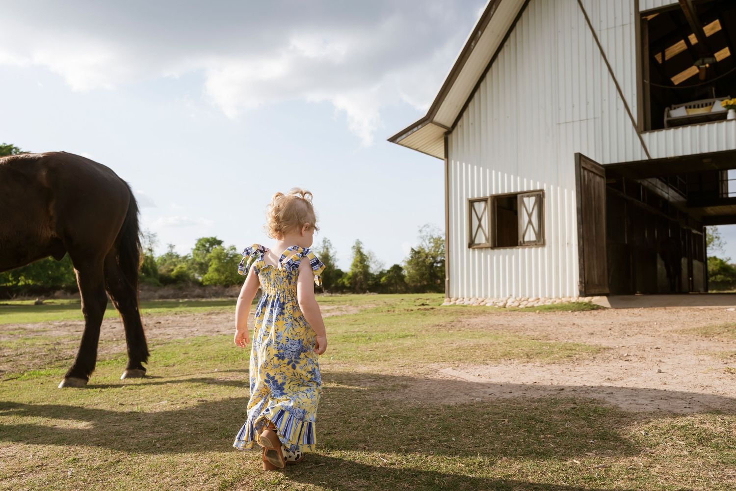 A young girl in a floral dress walks toward a white barn and horse on a sunny farm.