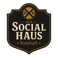 Social Haus Tomball 2025 vintage badge logo with railroad crossing symbol on black shield.
