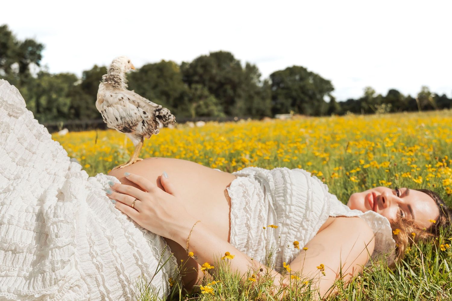 Pregnant woman lying in yellow flower field with a chicken perched on her baby bump on a sunny day.