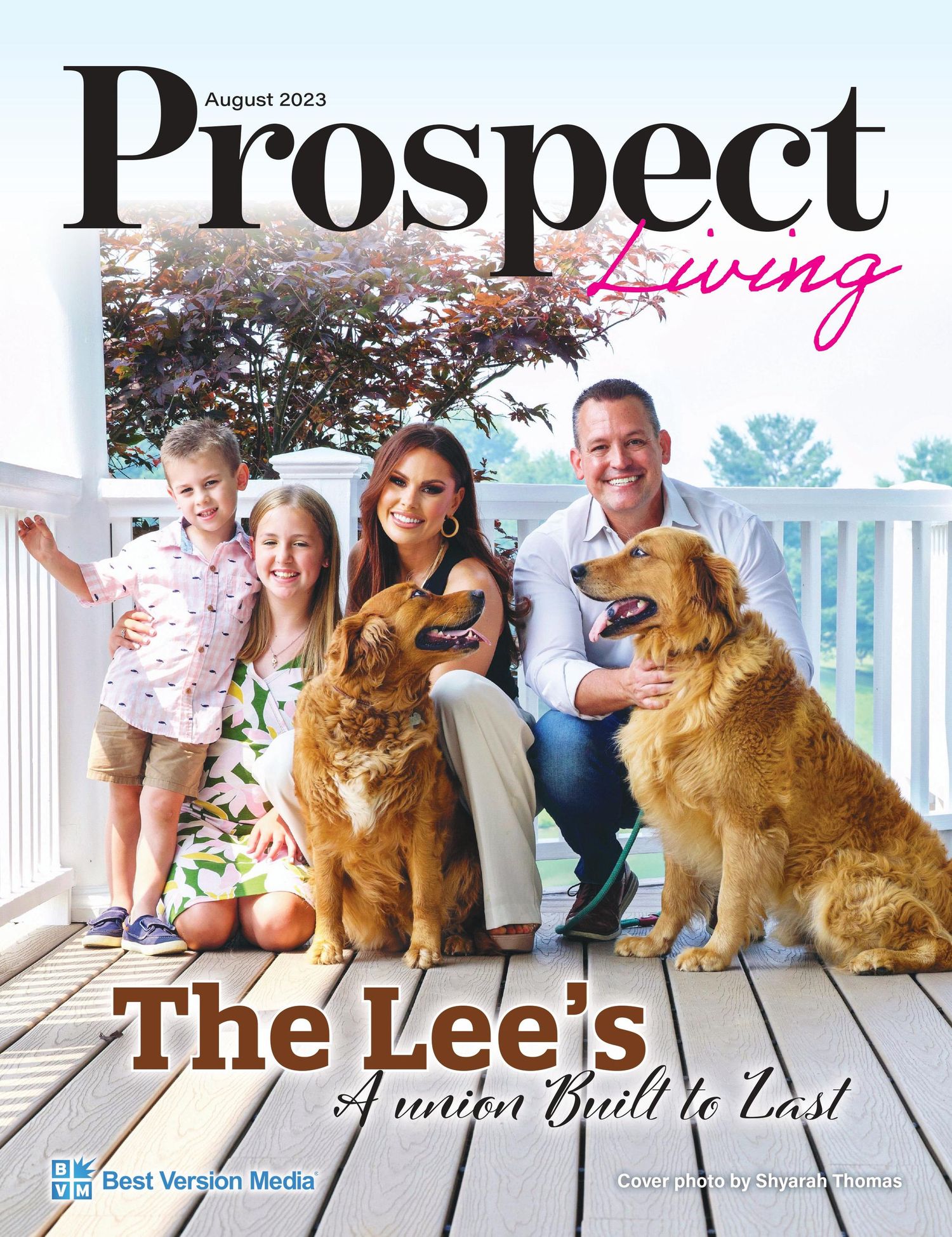 Prospect Living magazine cover featuring a Louisville family with two golden retrievers on a porch in Prospect, Kentucky.