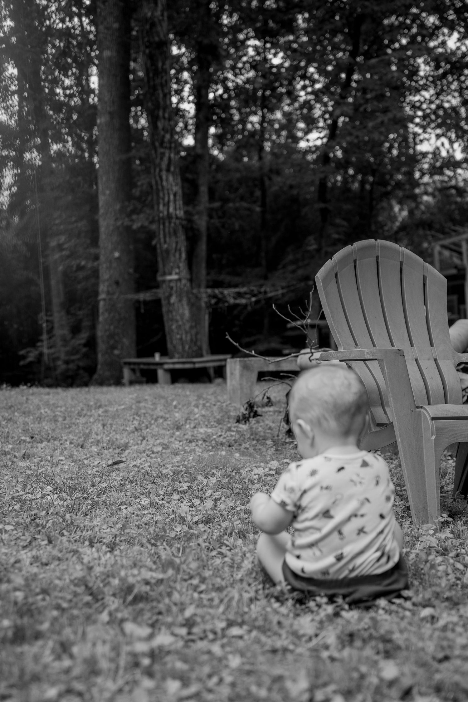 Toddler sitting in yard