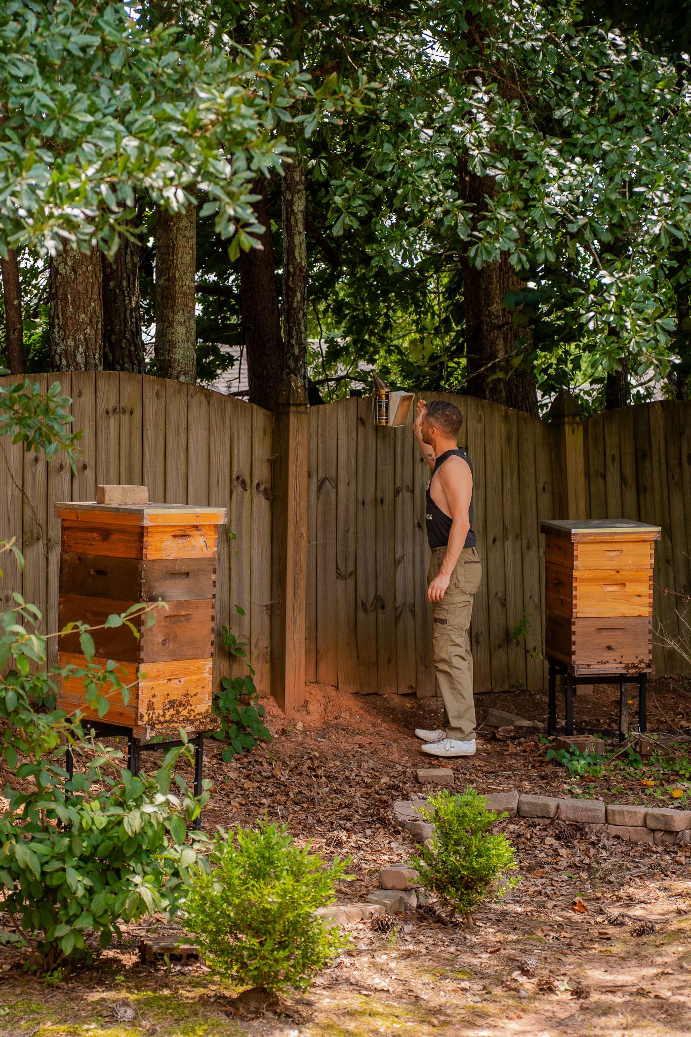 Man setting up smoker for beehive