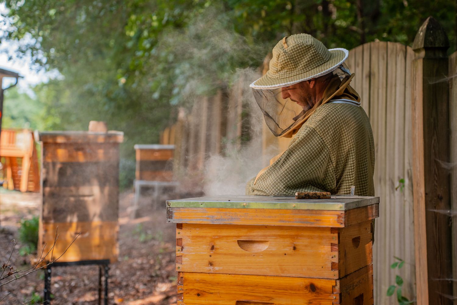 Man setting up smoker for beehive