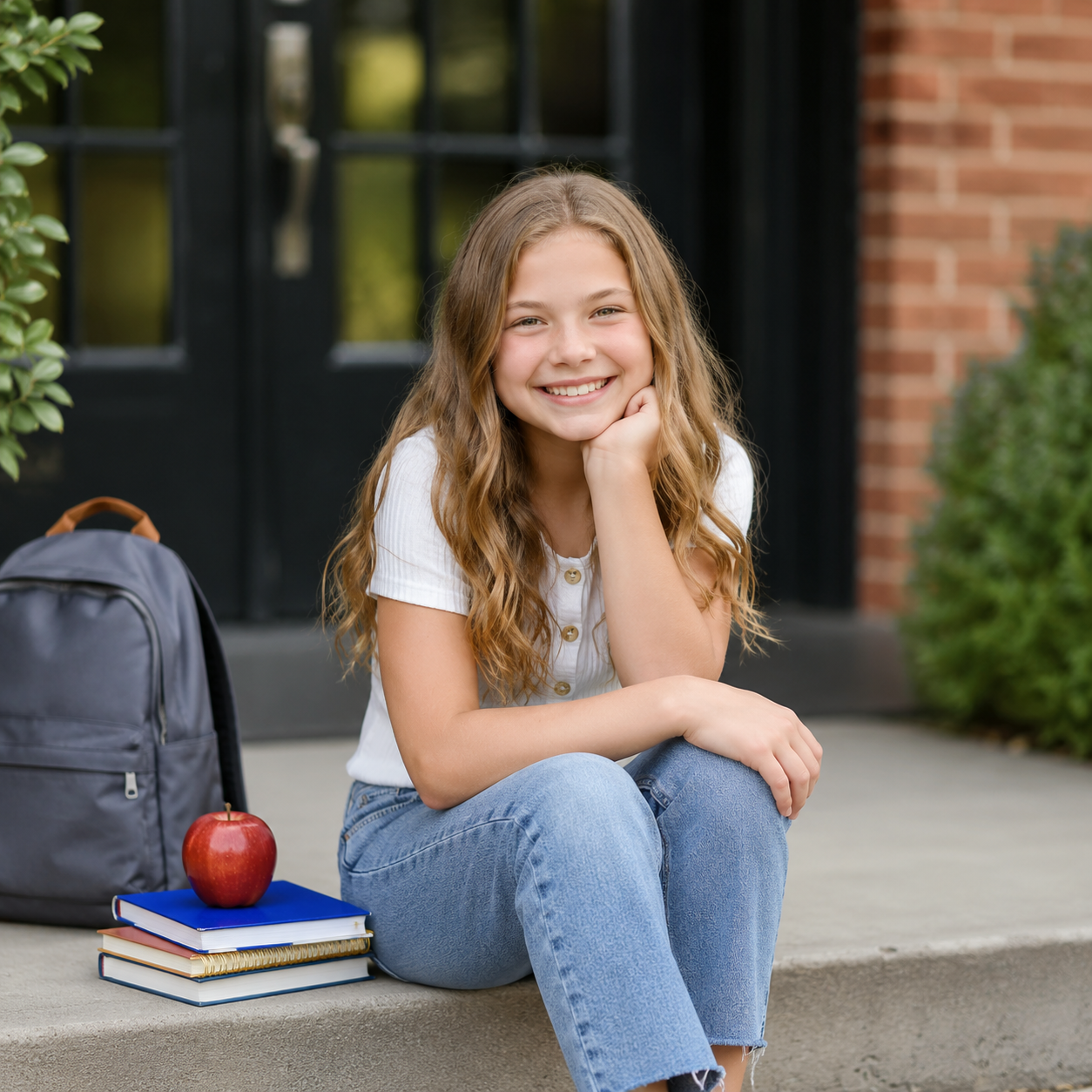 Smiling girl sitting on steps with backpack, books, and red apple, ready for back to school.