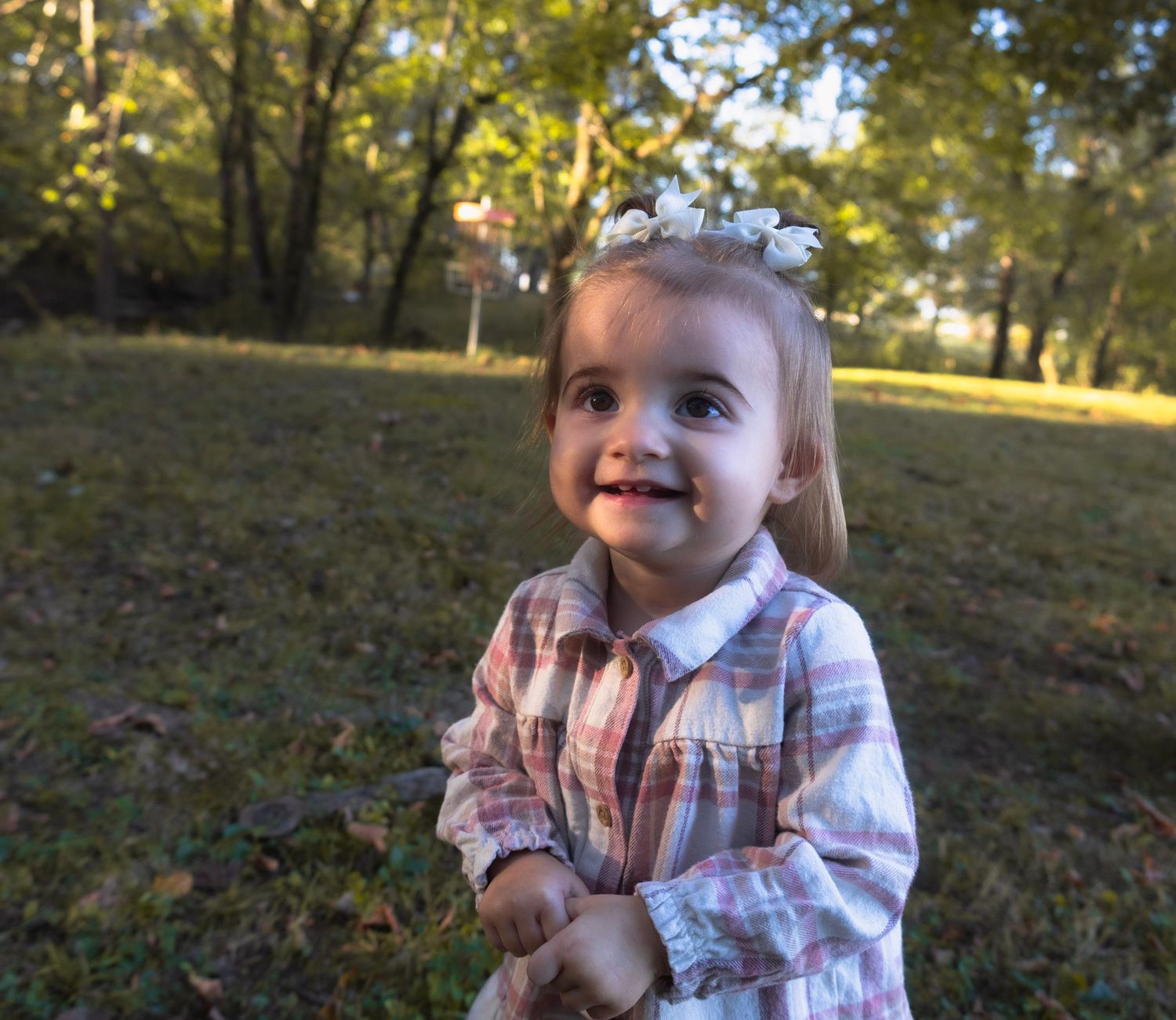 Child playing outdoors on grassy hillside during autumn.