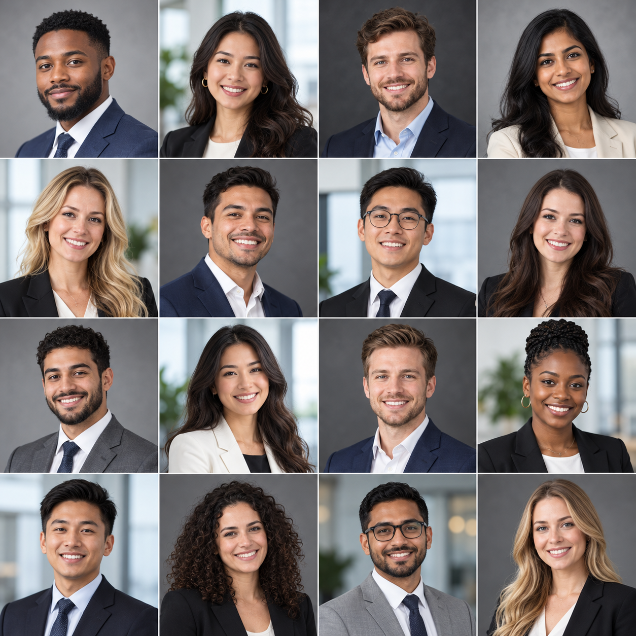 A diverse group of smiling young professionals in business attire posing for headshots against a neutral background.