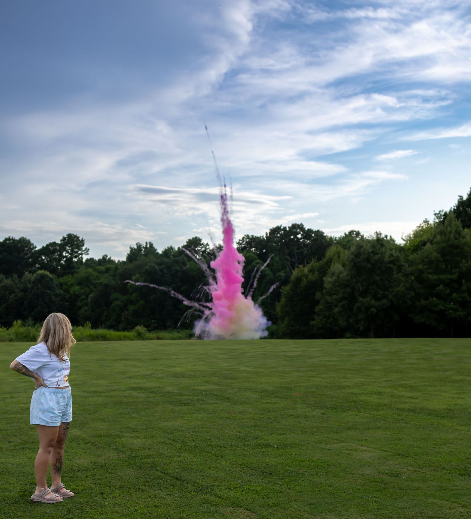 A girl watches a pink smoke rocket launch into the sky during a gender reveal party on a green lawn.