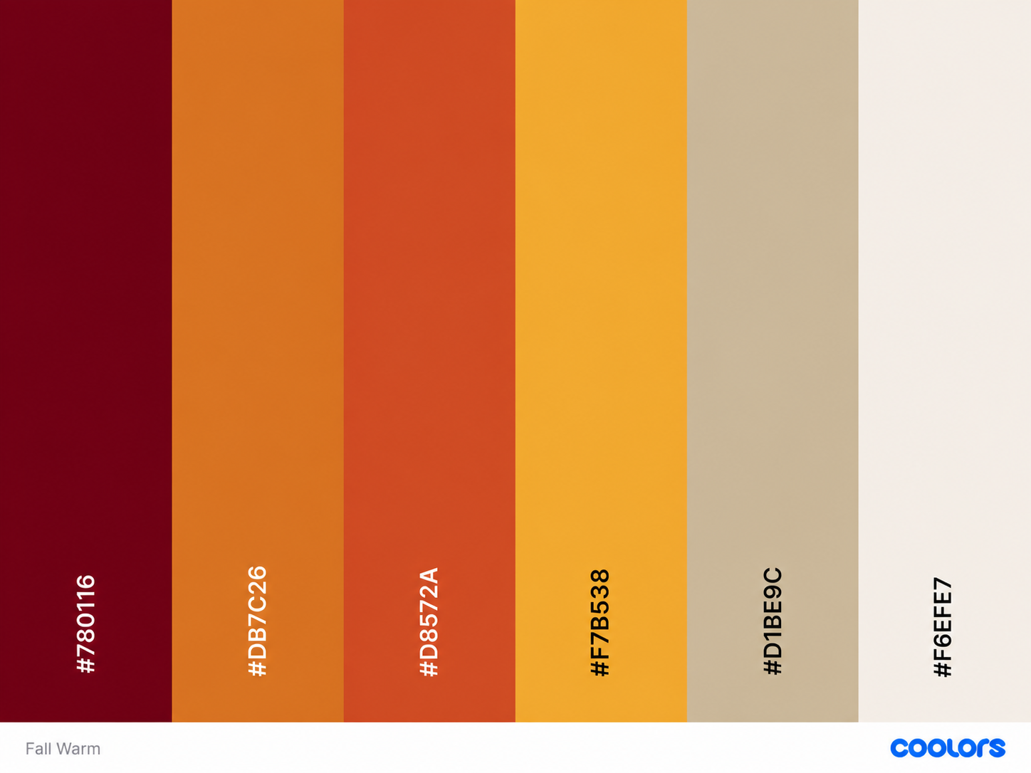 Fall Warm color palette featuring deep crimson, burnt orange, amber, golden yellow, tan, and off-white hex color swatches.