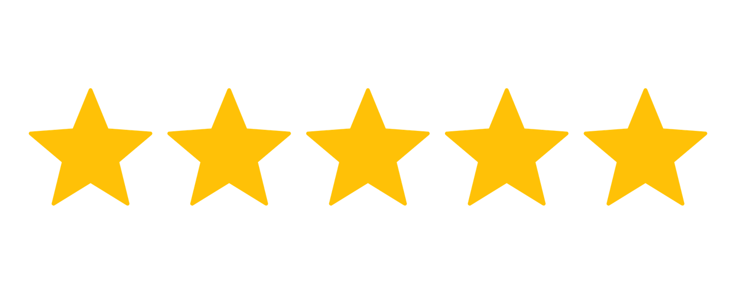 Five golden yellow stars in a row representing a perfect five-star rating or review on a white background.