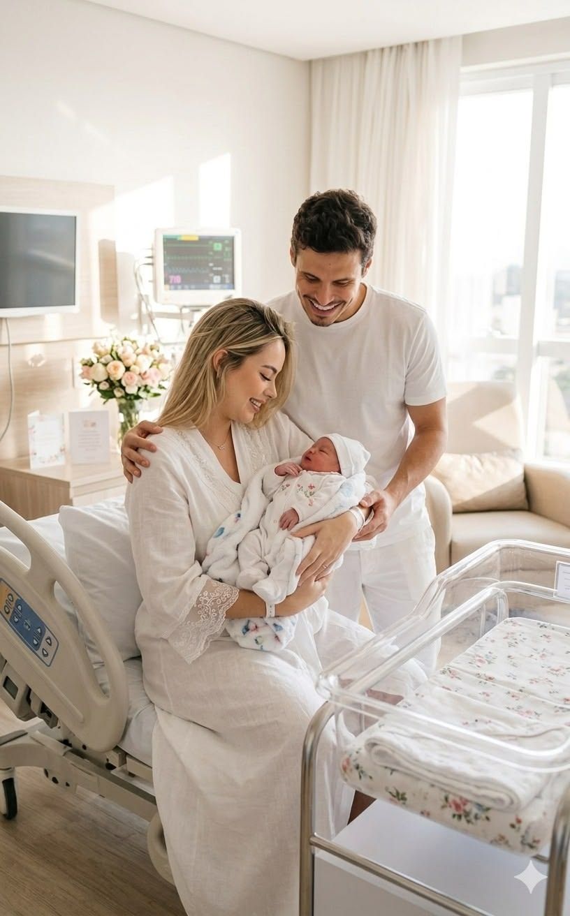 New parents smile at their newborn baby in a bright hospital room, mother seated on bed holding infant.