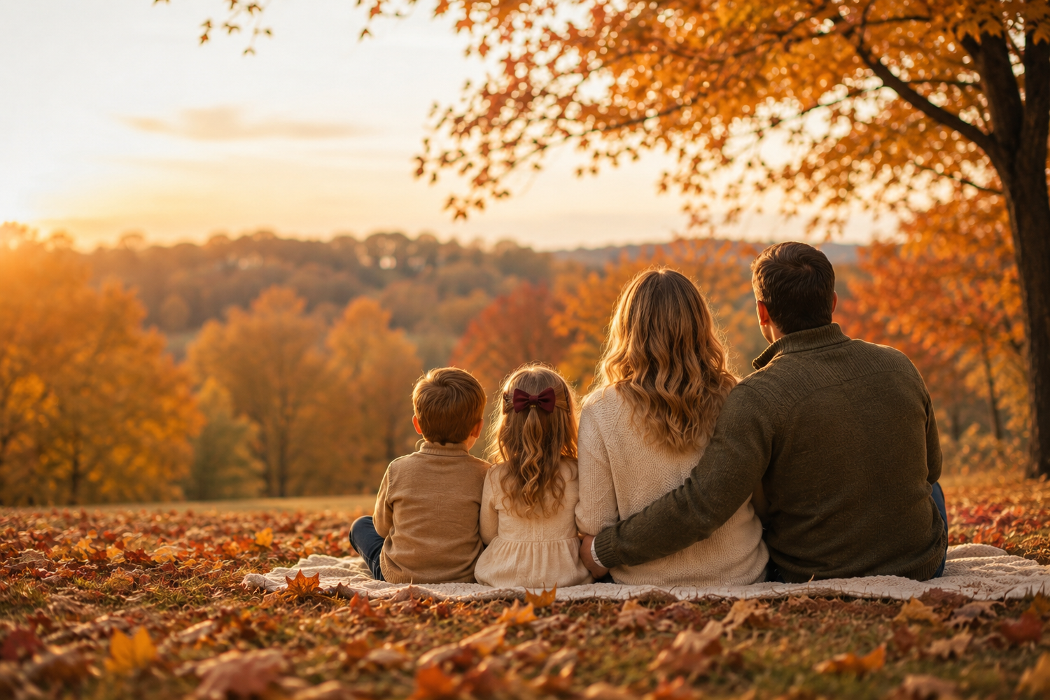 Family of four sitting on a blanket admiring a scenic autumn sunset surrounded by colorful fall foliage.