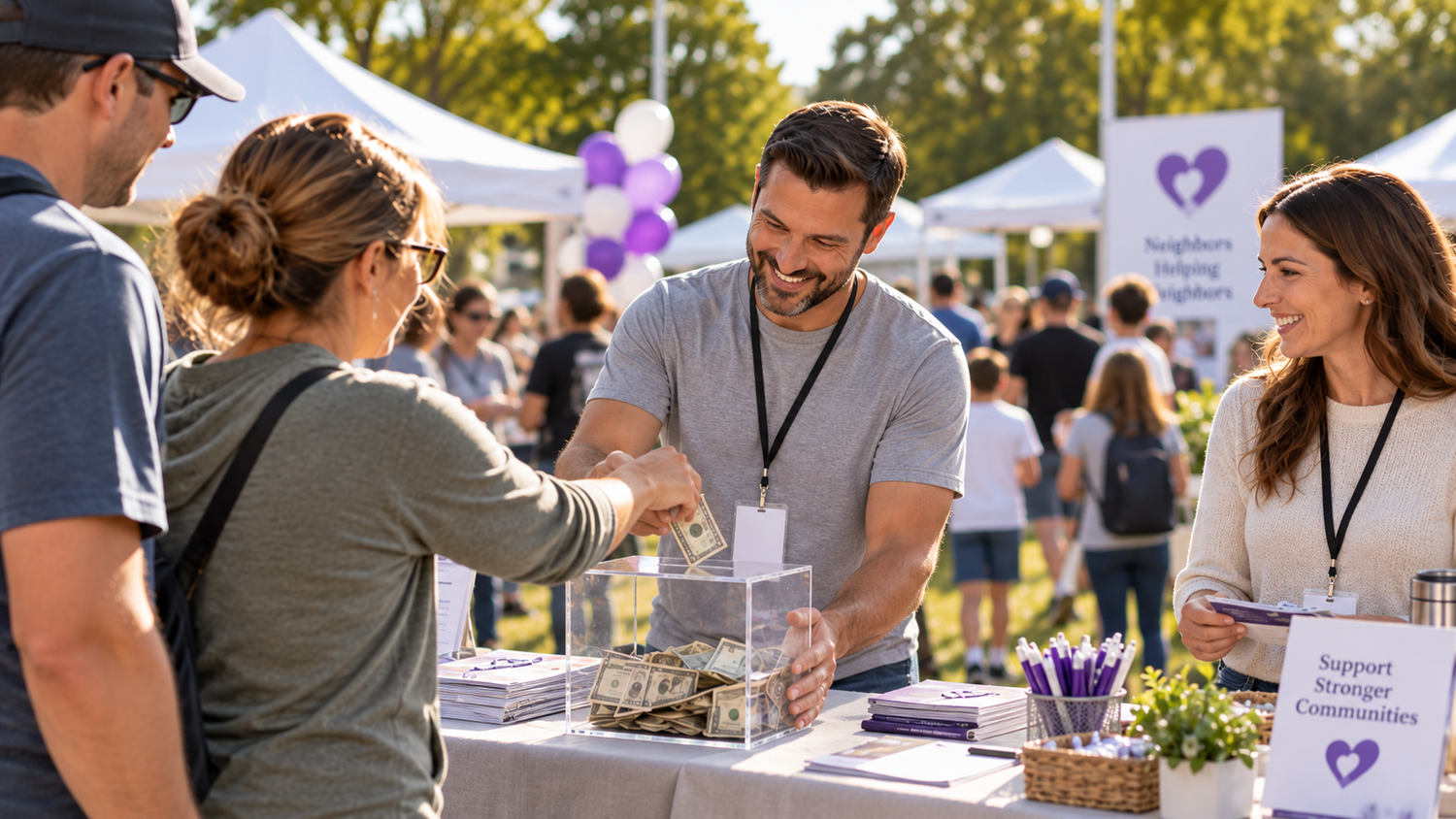 Community event photography showing a volunteer collecting donations at an outdoor charity fundraiser with attendees and booths.