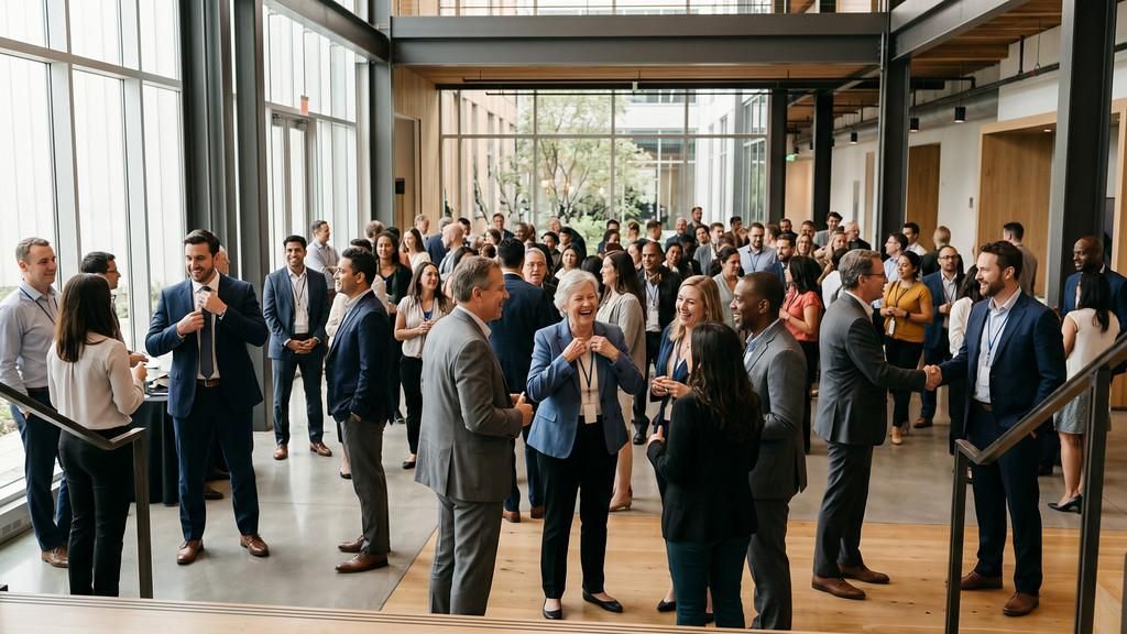 Business and event photography featuring professionals networking, socializing, and making connections at a corporate gathering.