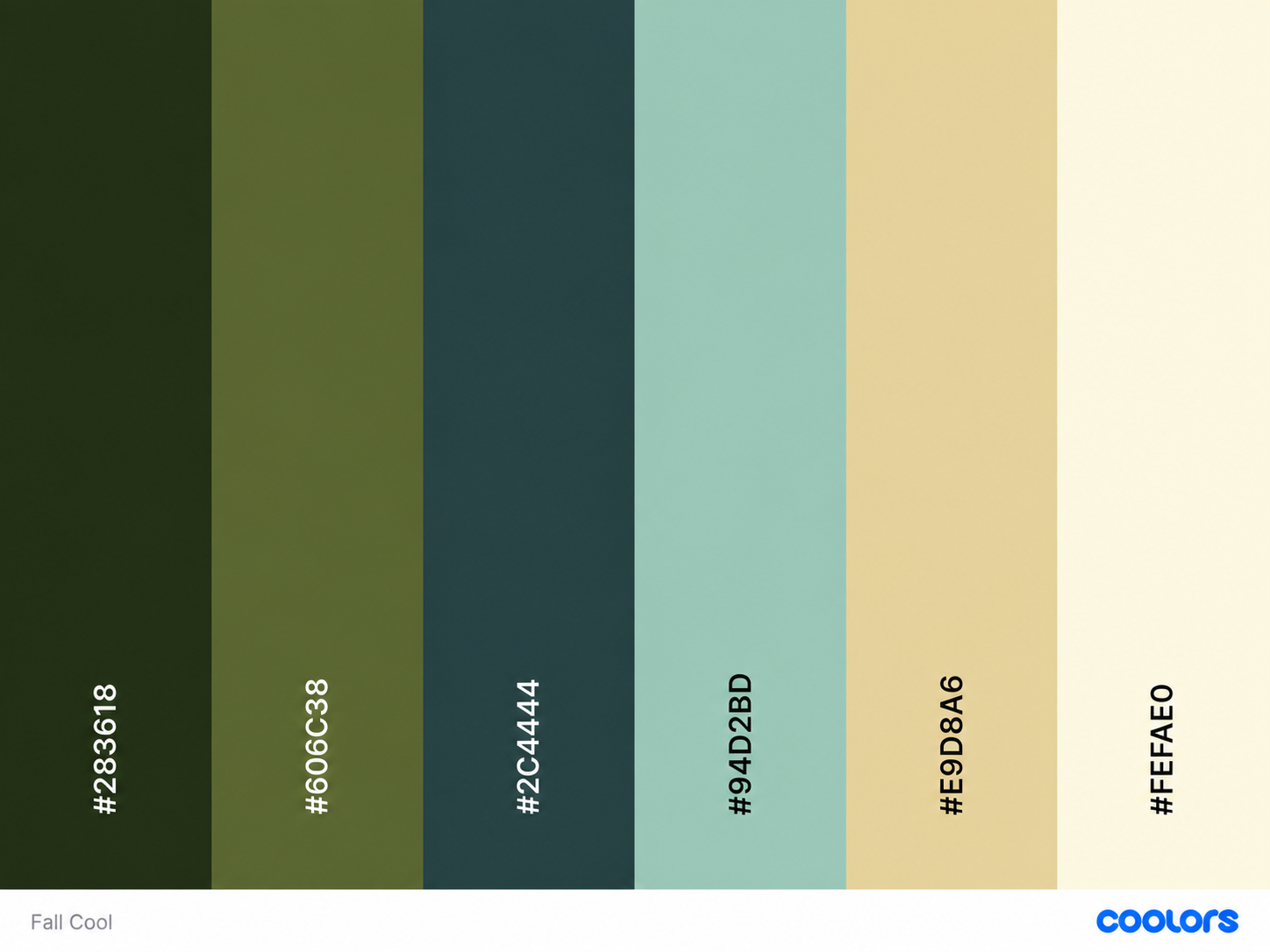 Fall cool color palette featuring deep forest green, olive, teal, light blue, sandy beige, and cream hex swatches.