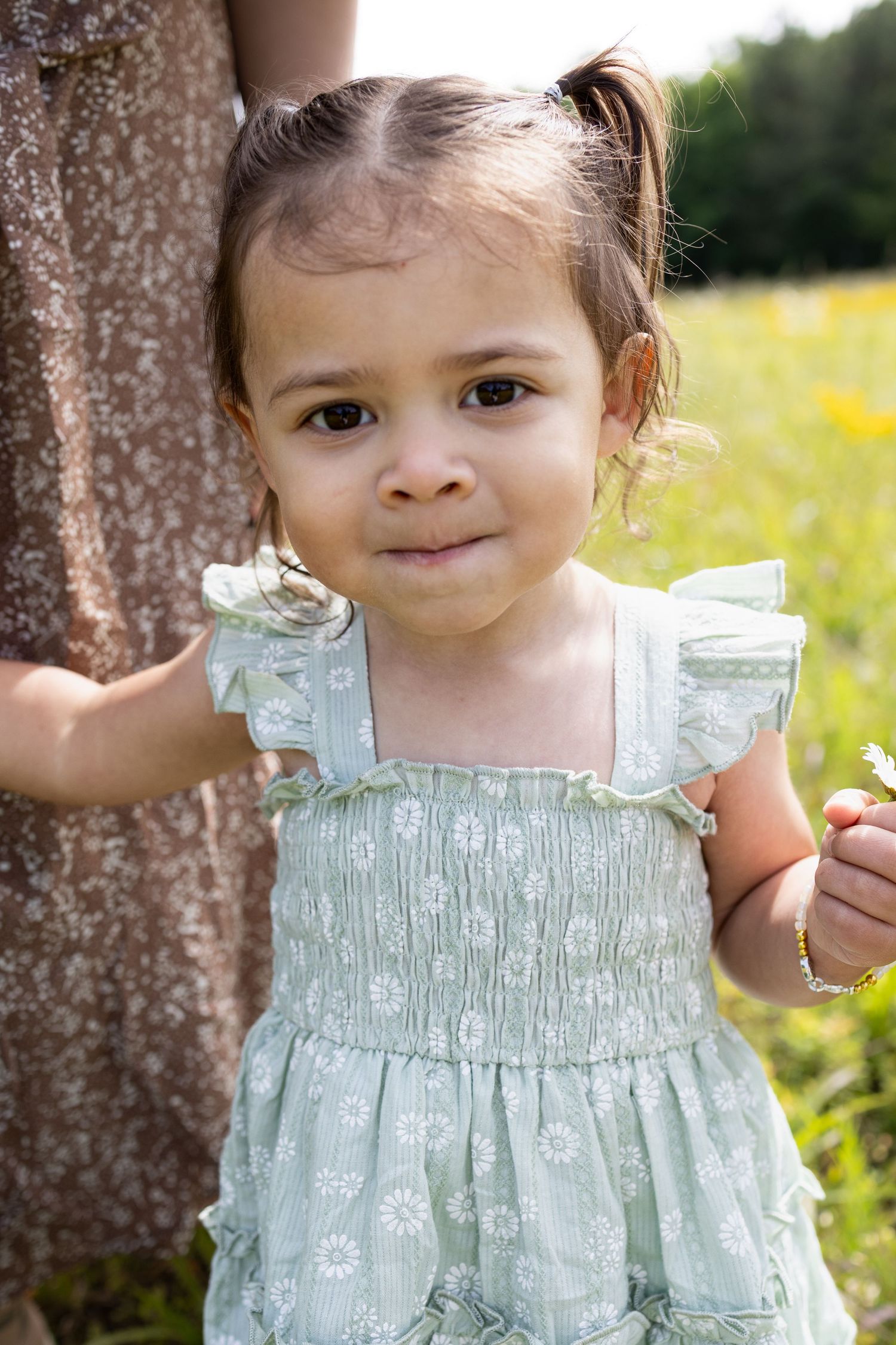 A toddler girl in a mint floral dress holds a daisy while standing in a sunny meadow, looking at the camera.