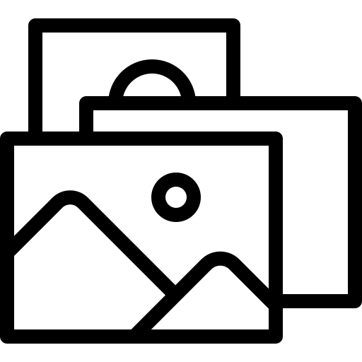 Black and white line icon depicting two overlapping landscape photos with mountains and a sun.