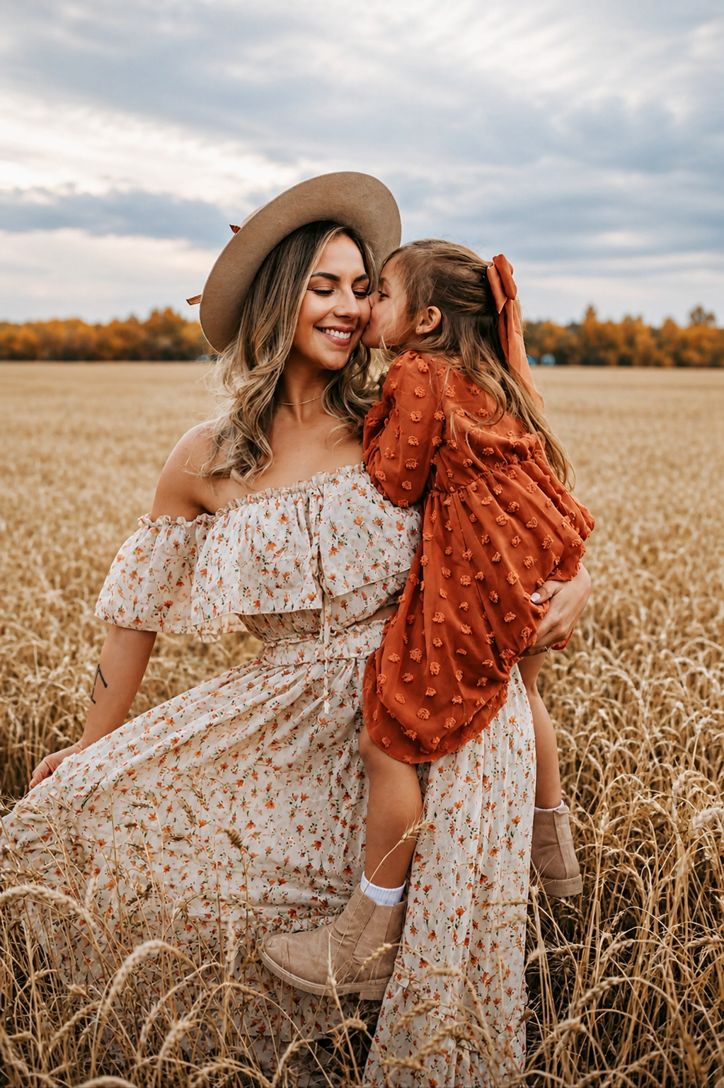 Mother and daughter in matching fall outfits share a tender moment in a golden wheat field.