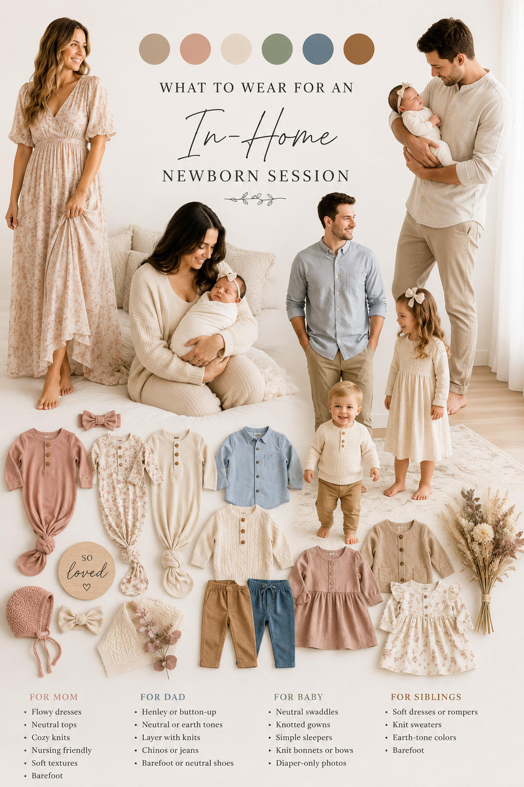 Guide on what to wear for an in-home newborn photography session featuring neutral tones, earth colors, and coordinated family outfits.