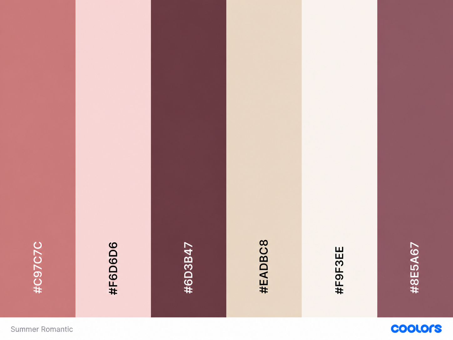 A Summer Romantic color palette featuring muted rose, blush pink, deep burgundy, warm beige, ivory, and soft mauve swatches.