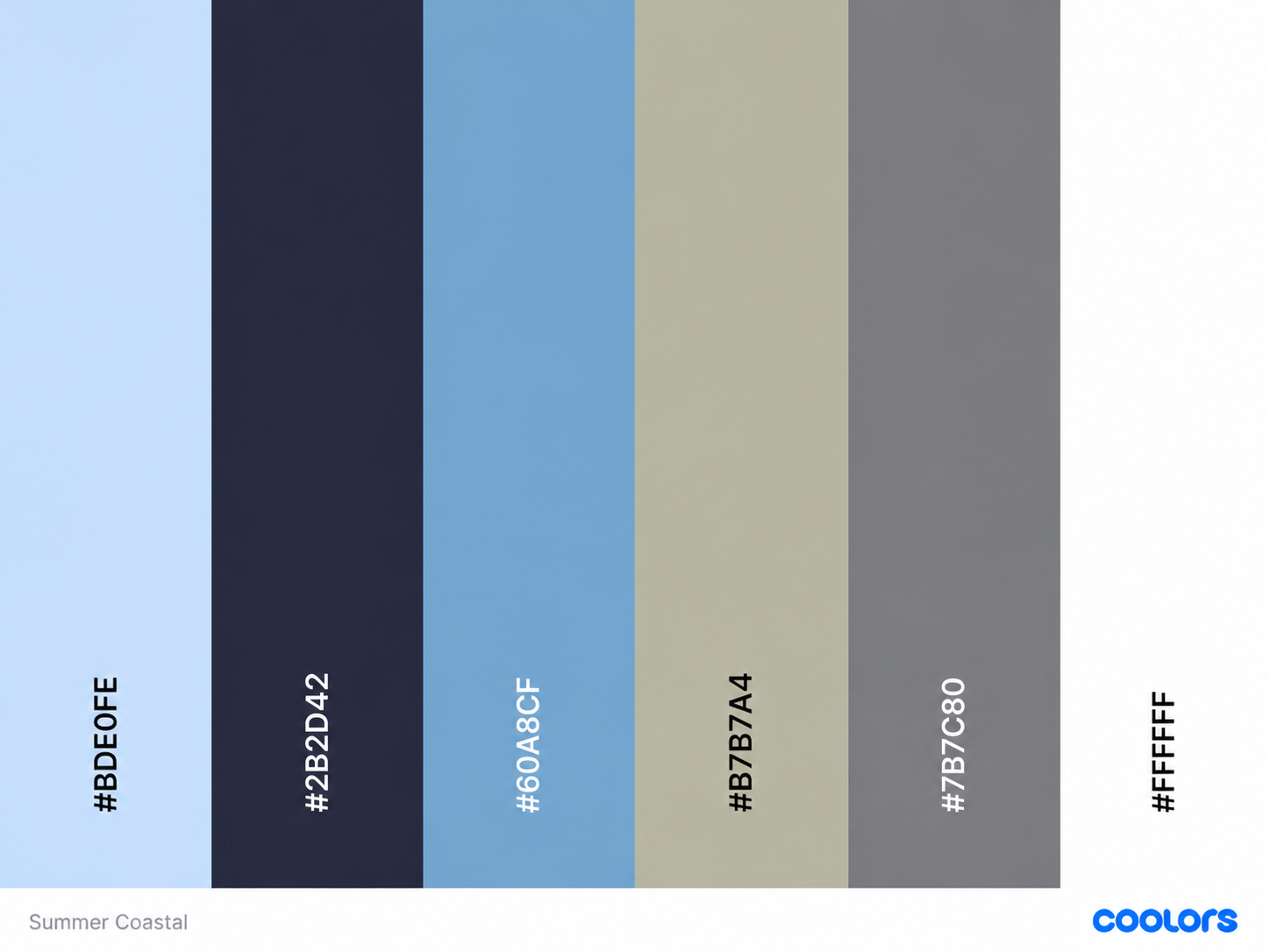 A Summer Coastal color palette featuring soft blue, navy, steel blue, tan, khaki, gray, and white swatches.