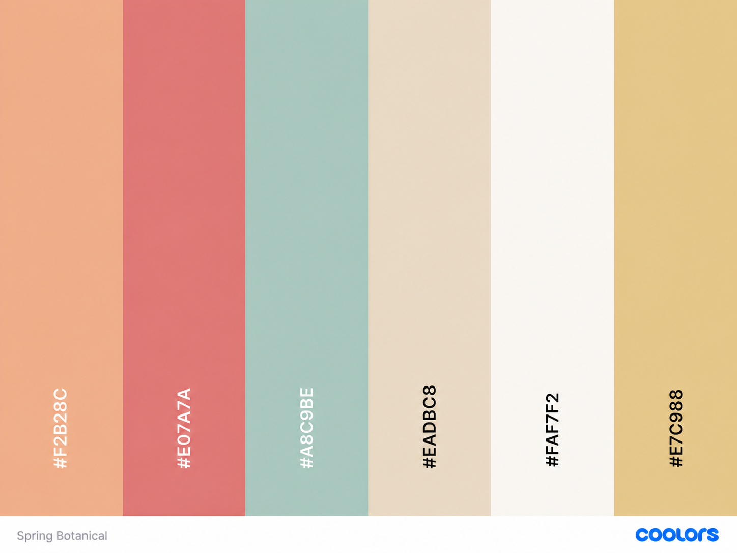 Spring Botanical color palette featuring peach, coral, sage green, beige, cream, and golden tan swatches from Coolors.